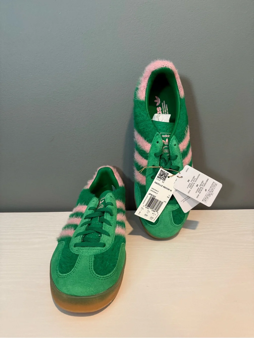 adidas Green with Pink Stripe Fuzzy Gazelle Sneakers
